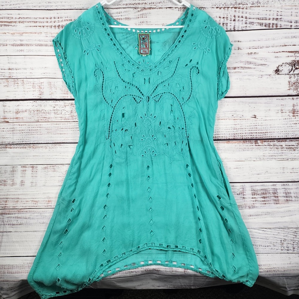 Johnny Was Embroidered Eyelet Boho Top Shirt Size M Reg Turquoise Blue V-Neck - Picture 2 of 7